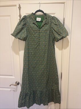 Unknown Brand Green Patterned Puff-Sleeve Midi Dress